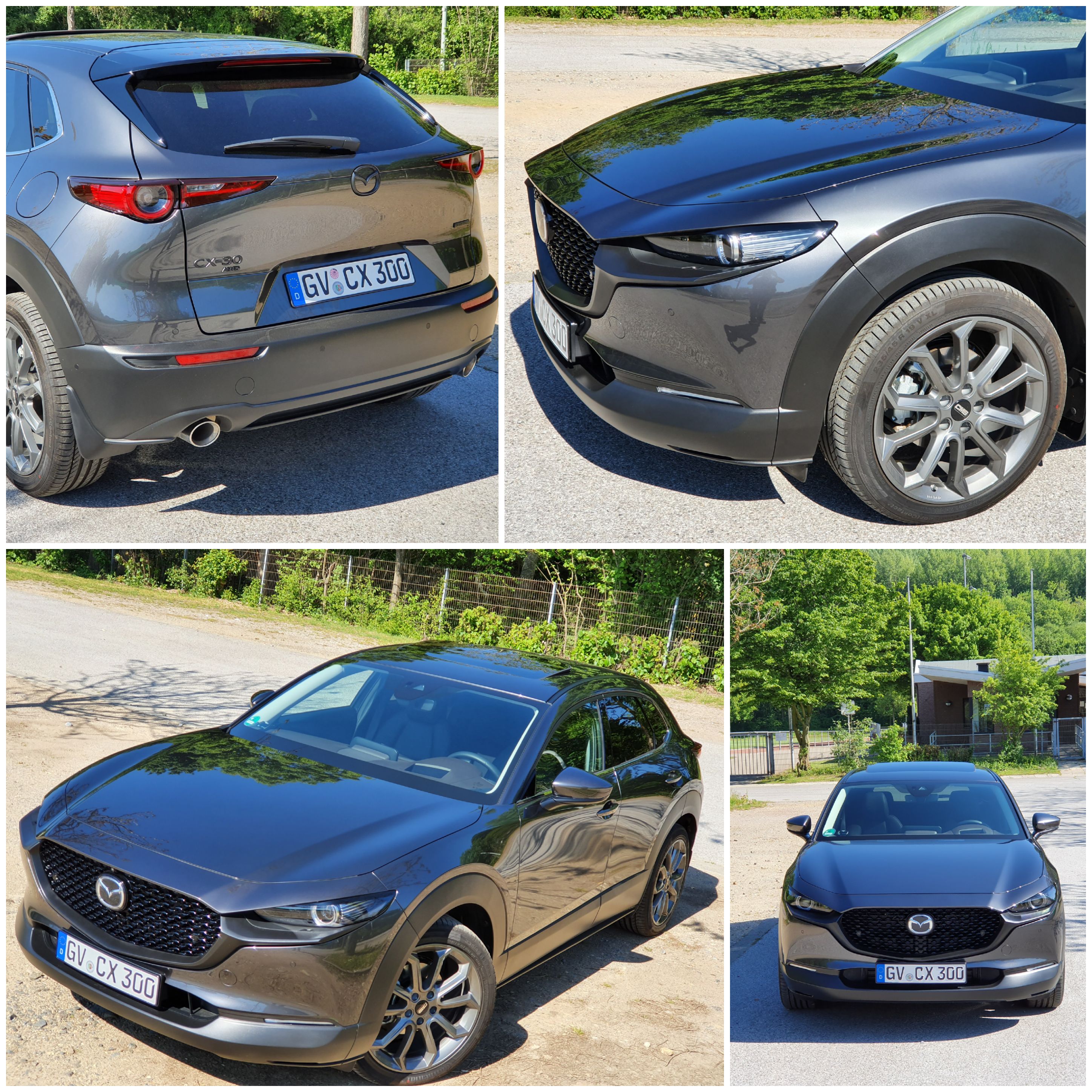 Schwarz folierte Grillspange und Mazda Embleme hinten.